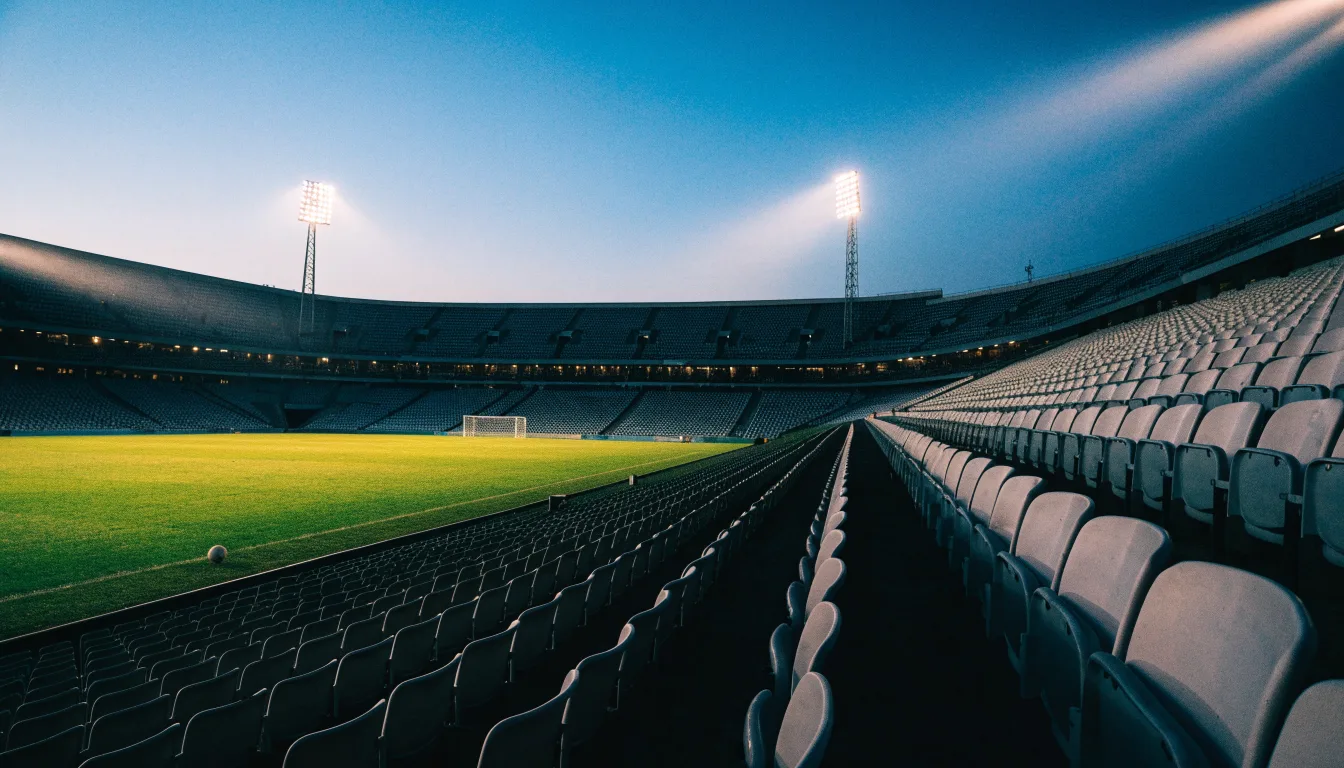 Eine leere Stadiontribüne unter Flutlicht aus der Ferne betrachtet, die Rasenfläche leuchtet grün in der Dämmerung.