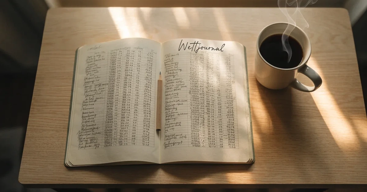 Handschriftliche Zahlenkolonnen in einem Notizbuch, daneben ein Bleistift und eine Tasse Kaffee auf hellem Holz.