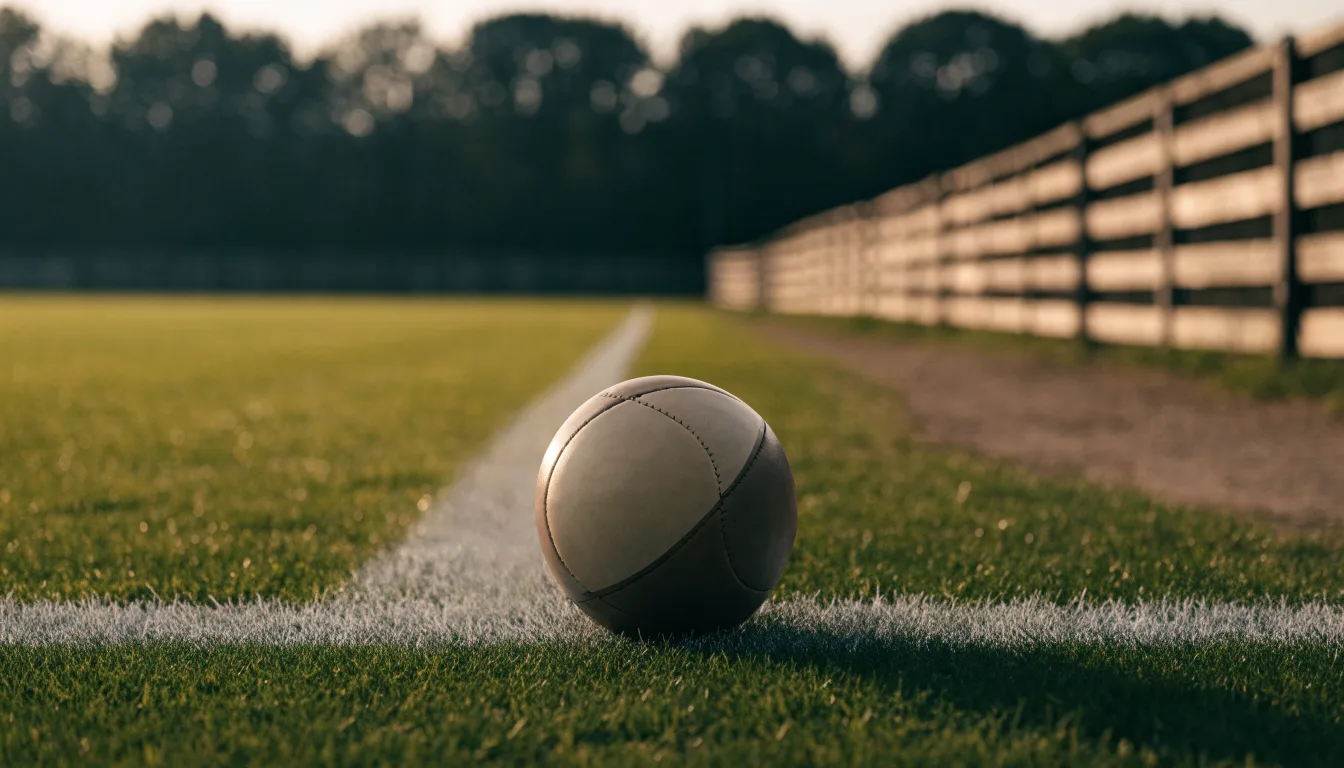 Ein Fußball liegt am Rand eines Rasens neben einer weißen Linie, im Hintergrund ein Zaun in der Abendsonne.