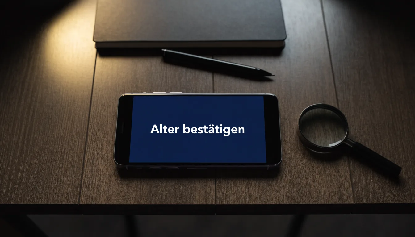 Ein Schreibtisch mit Lupe, Kugelschreiber und einem leeren Notizblock unter einer Lampe in einem ruhigen Raum.
