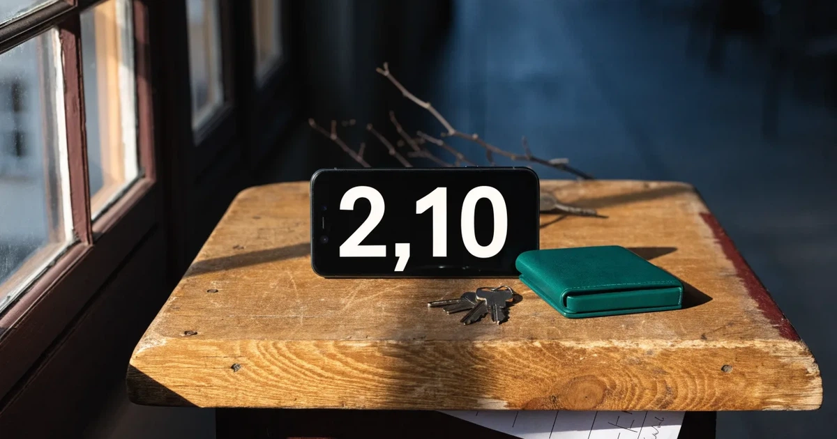 Ein Smartphone mit dunklem Display liegt neben einer Geldbörse und einem Schlüssel auf einem Tisch.