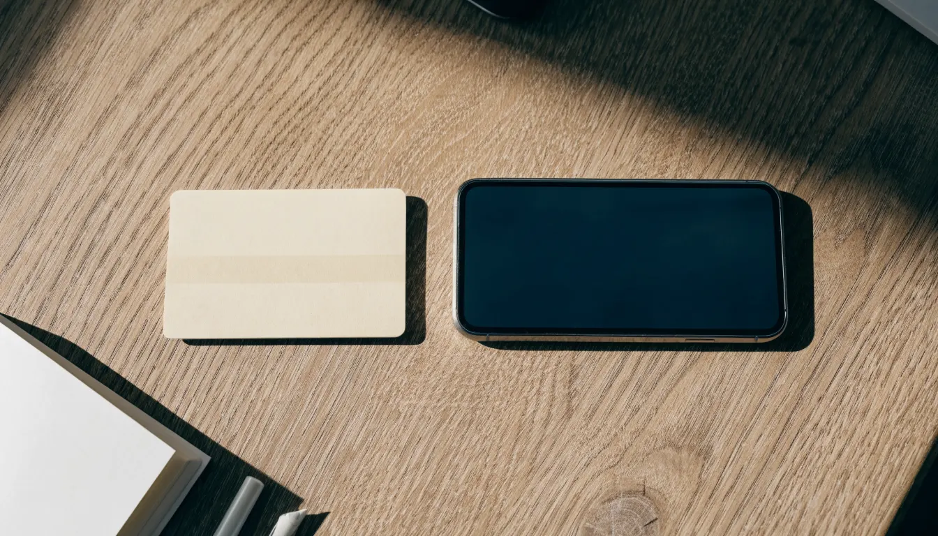 Eine Bankkarte ohne Aufdruck liegt neben einem Smartphone mit dunklem Display auf einem Holztisch.