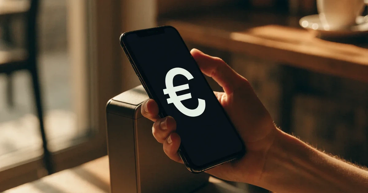 Eine Hand hält ein Smartphone dicht an ein Kartenlesegerät ohne erkennbare Beschriftung in einem Café.