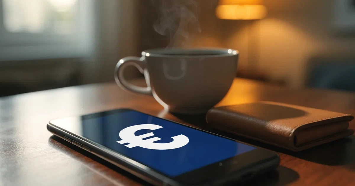 Ein Smartphone mit dunklem Display liegt auf einem Tisch neben einer Geldbörse und einer Tasse Kaffee.