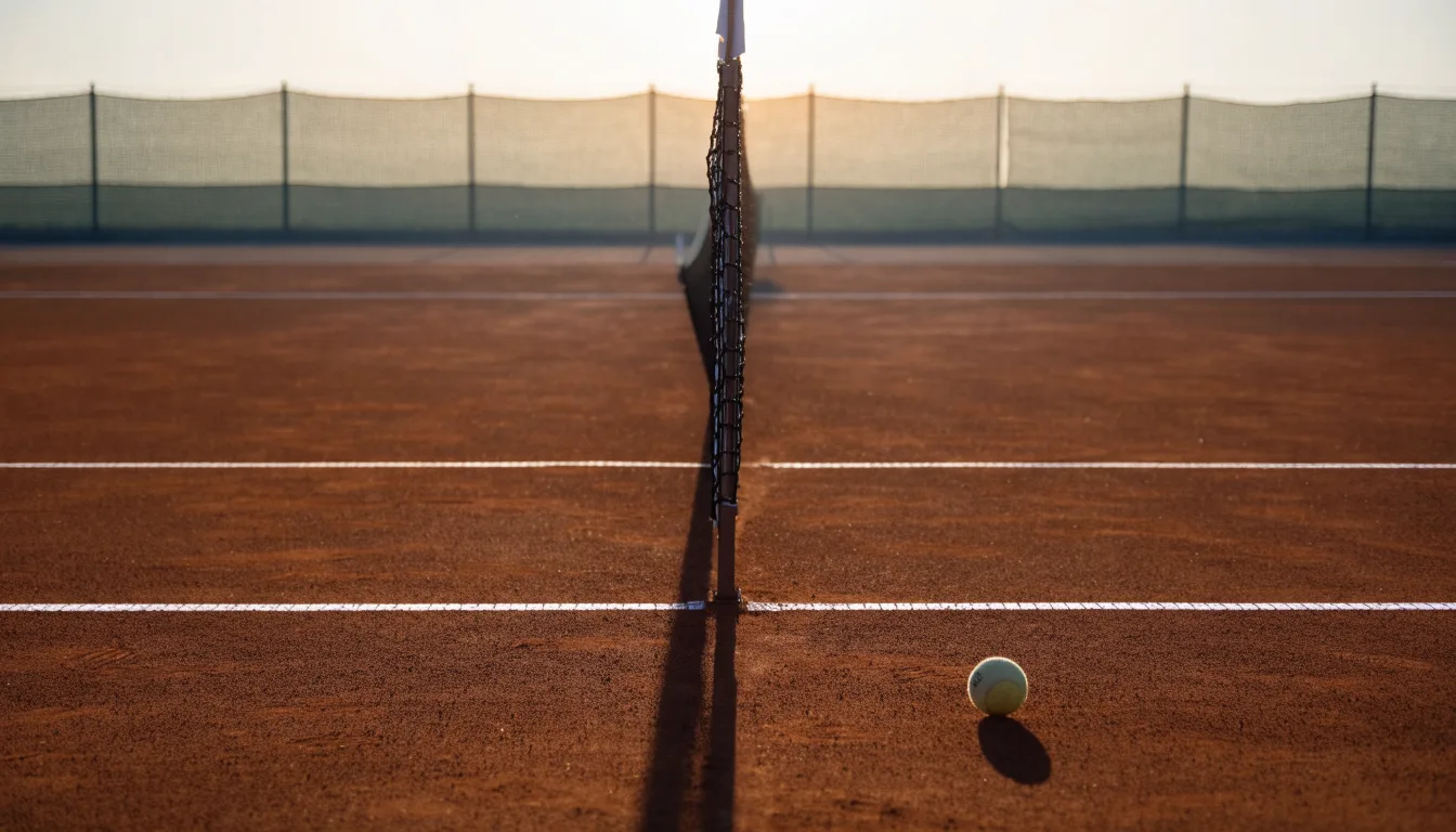Ein Tennisplatz aus Sand bei Sonnenaufgang, das Netz im Gegenlicht, kein Mensch zu sehen.
