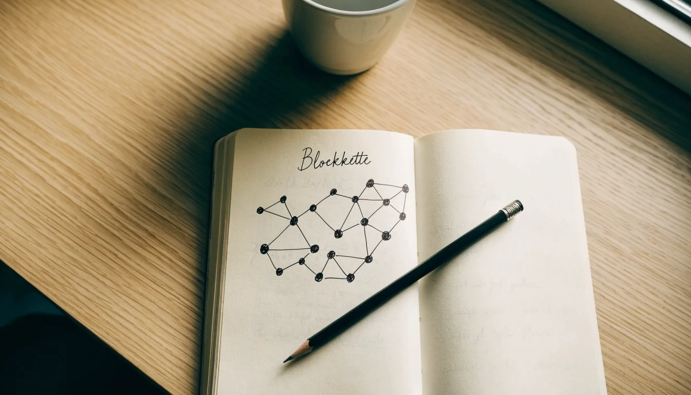 Ein Notizbuch mit handgezeichneten Knoten und Linien liegt neben einem Bleistift auf einem Schreibtisch.