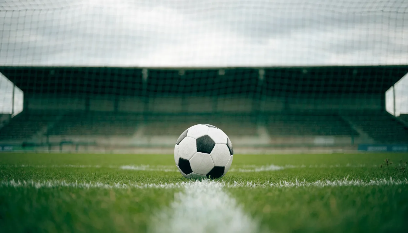Ein Fußball liegt auf dem Anstoßpunkt eines leeren Rasenplatzes, im Hintergrund eine ruhige Tribüne unter bedecktem Himmel.