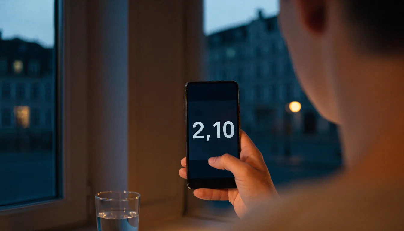 Die Silhouette einer Person sitzt am Abend am Fenster und blickt auf eine Straße, auf dem Fensterbrett steht ein Glas Wasser.