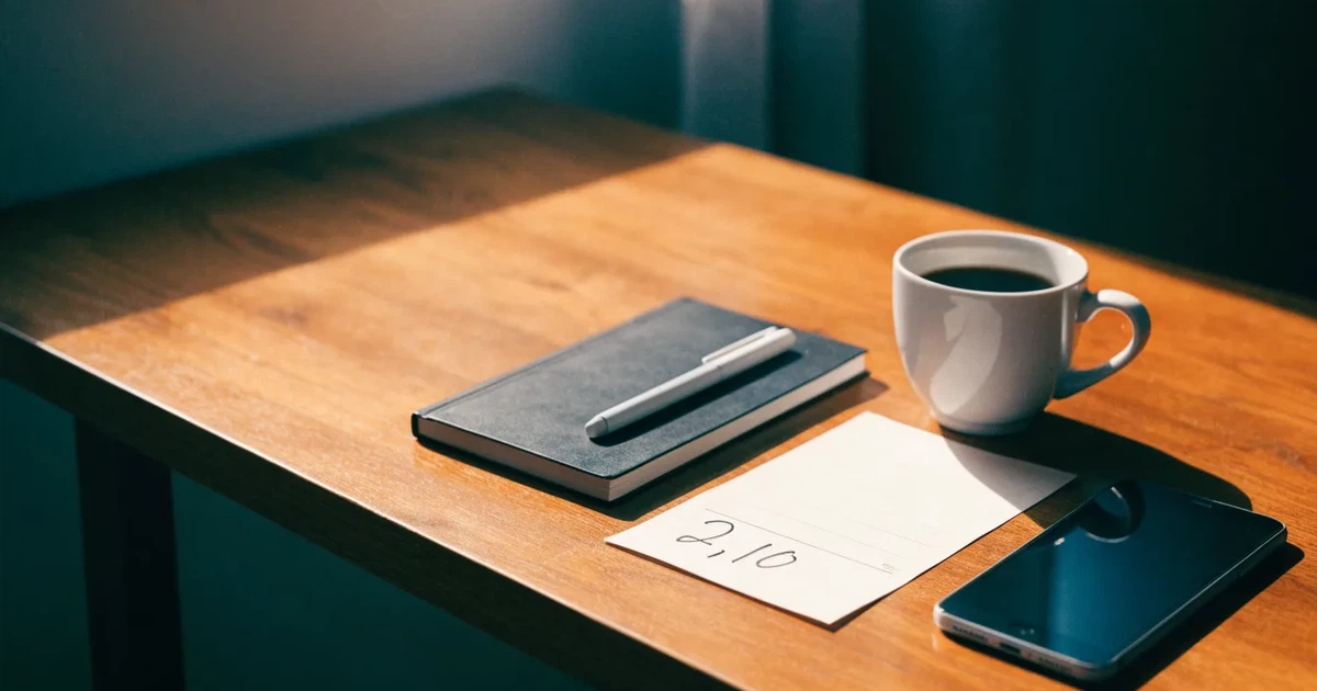 Ein Holzschreibtisch im Morgenlicht mit geschlossenem Notizbuch, Kugelschreiber und Kaffeetasse, daneben ein Smartphone mit dunklem Bildschirm.