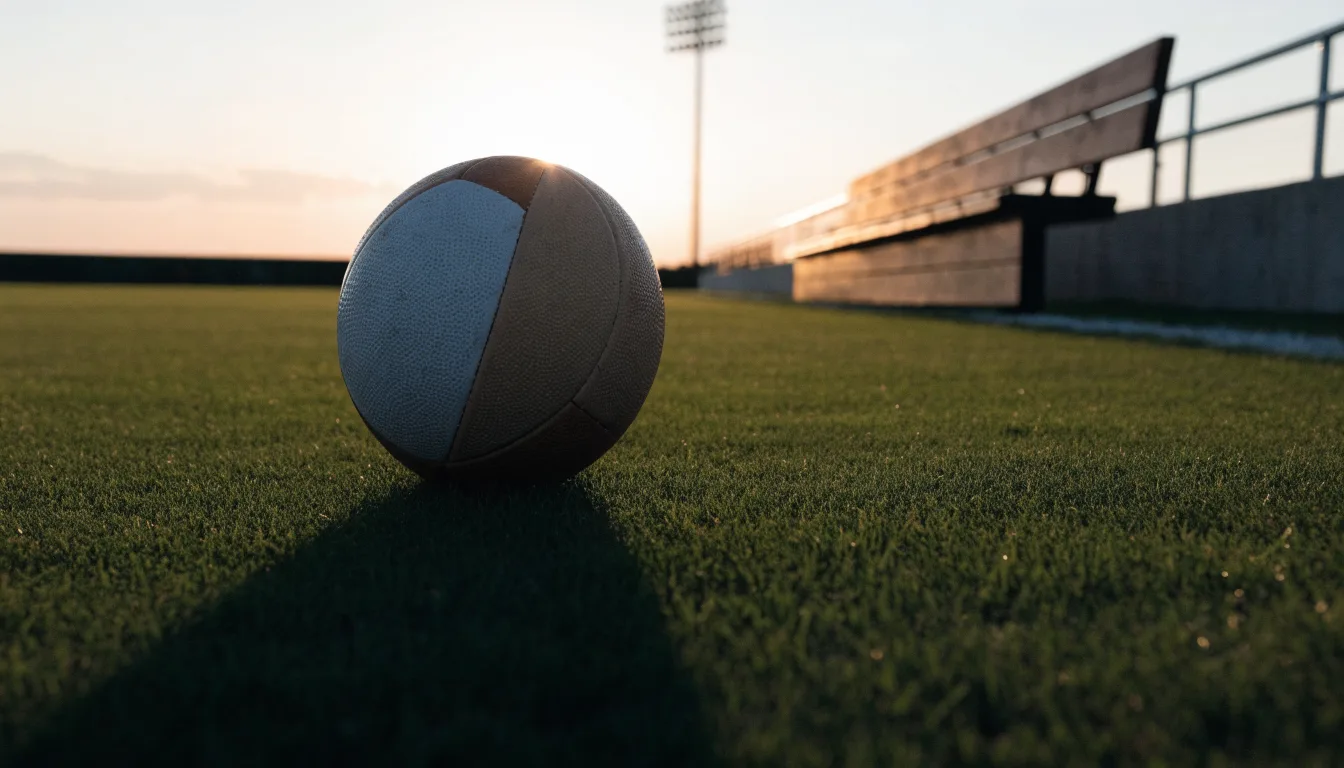 Ein Fußball auf einem Rasenplatz im Gegenlicht der tiefstehenden Sonne, am Spielfeldrand eine leere Ersatzbank.
