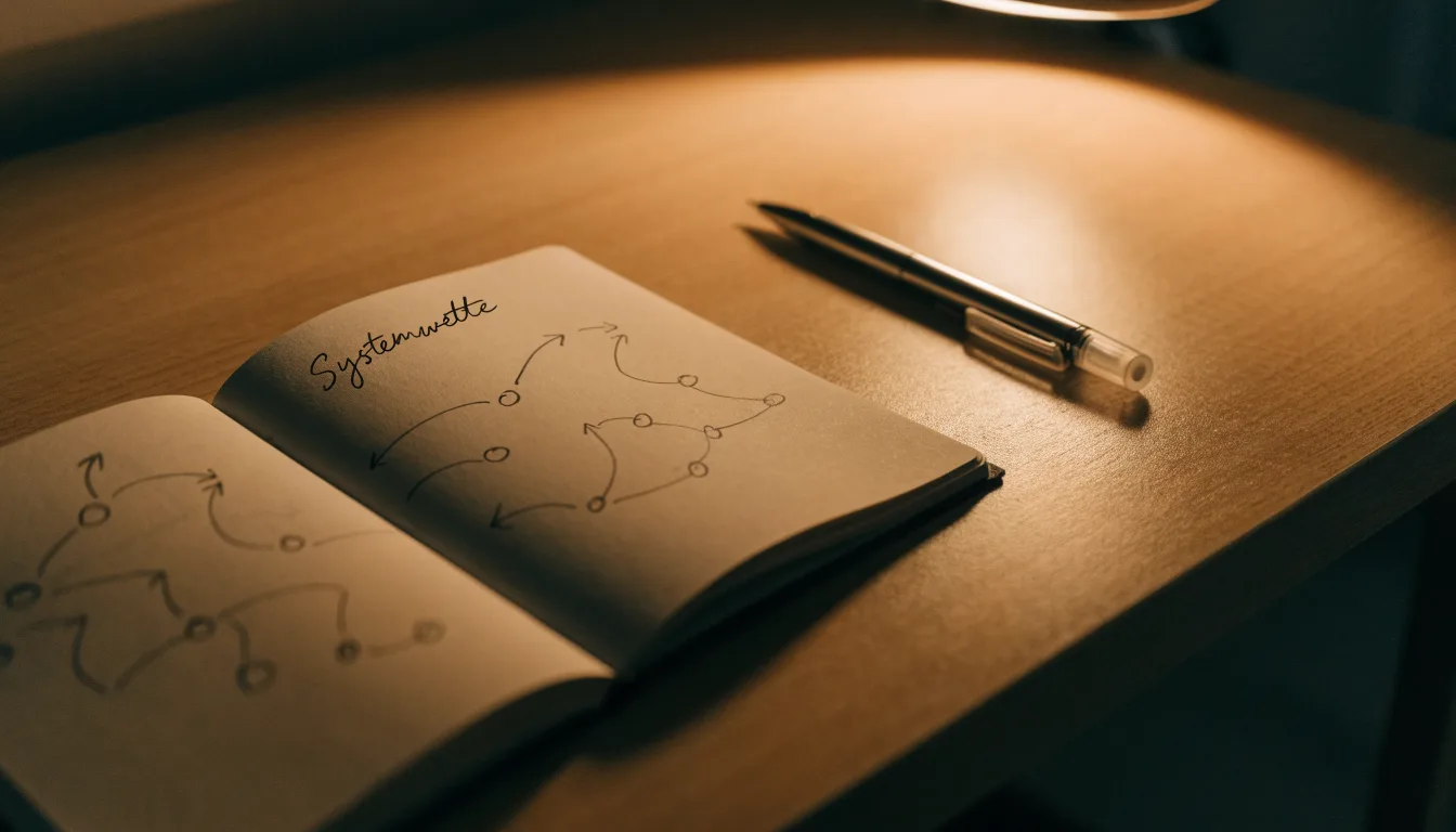 Ein Notizbuch mit handgezeichneten Pfeilen und Kreisen liegt neben einem Kugelschreiber auf einem Schreibtisch im Abendlicht.