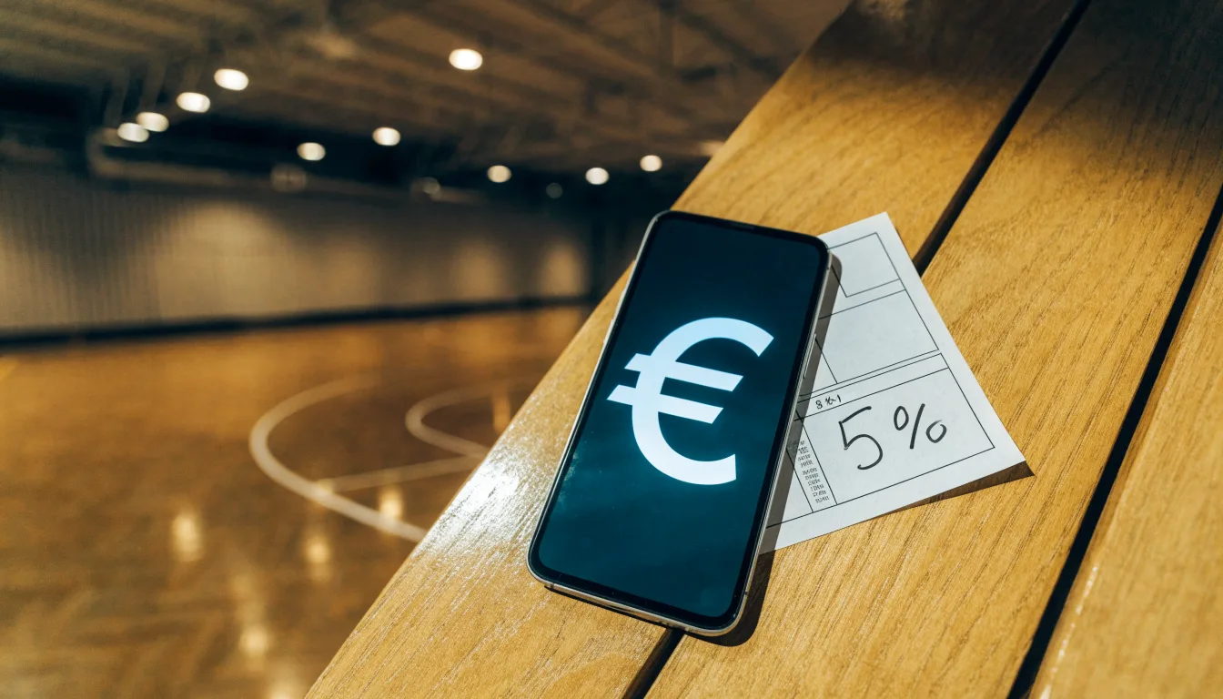 Ein Basketballfeld in einer leeren Halle, das Parkett spiegelt das Licht der Deckenlampen.