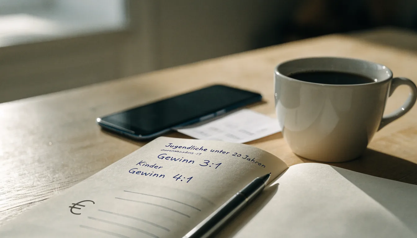 Eine Tasse Kaffee, ein Kugelschreiber und ein aufgeschlagenes leeres Notizbuch auf einem Küchentisch am Fenster.