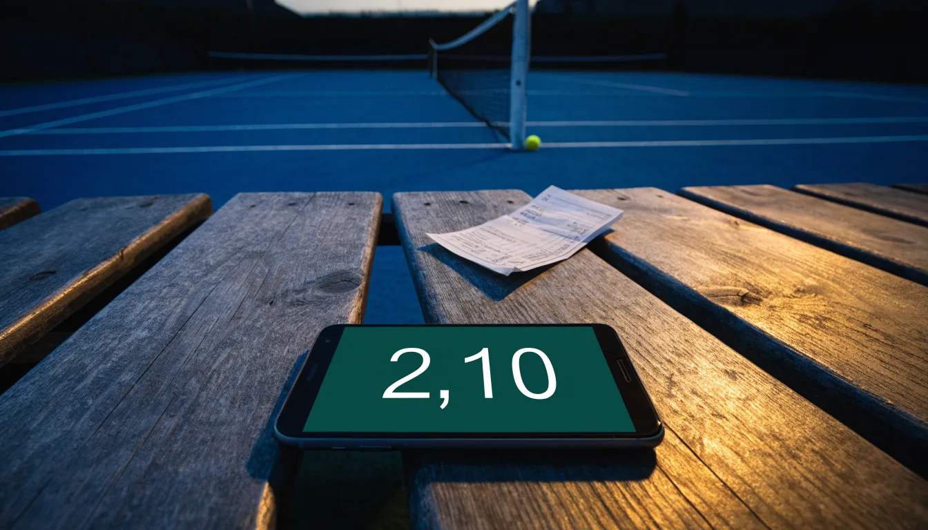 Ein Tennisplatz in der Dämmerung, Netz und Linien im Zwielicht, ohne Menschen und mit ruhigem Himmel.