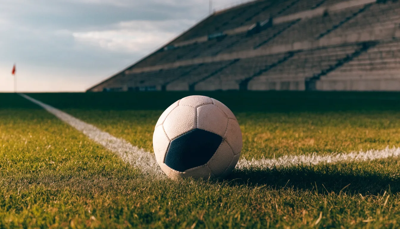 Ein Fußball liegt am Spielfeldrand eines Rasenplatzes, im Hintergrund eine leere Tribüne unter hellem Himmel.