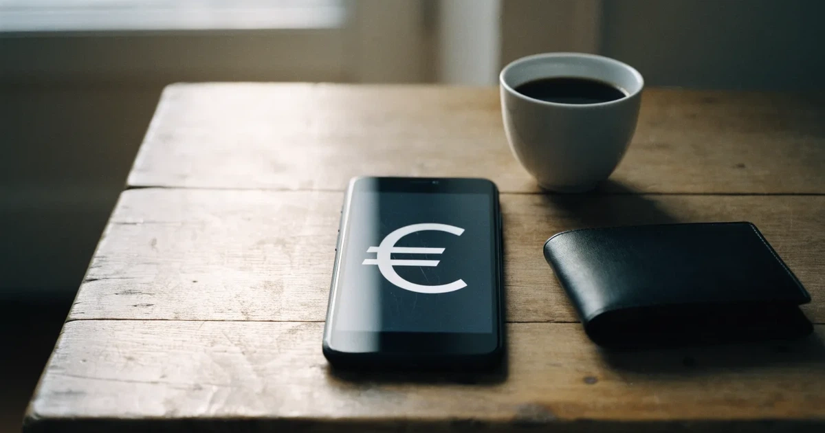 Ein Smartphone mit dunklem Bildschirm liegt auf einem Holztisch neben einem Portemonnaie und einer Kaffeetasse im Fensterlicht.