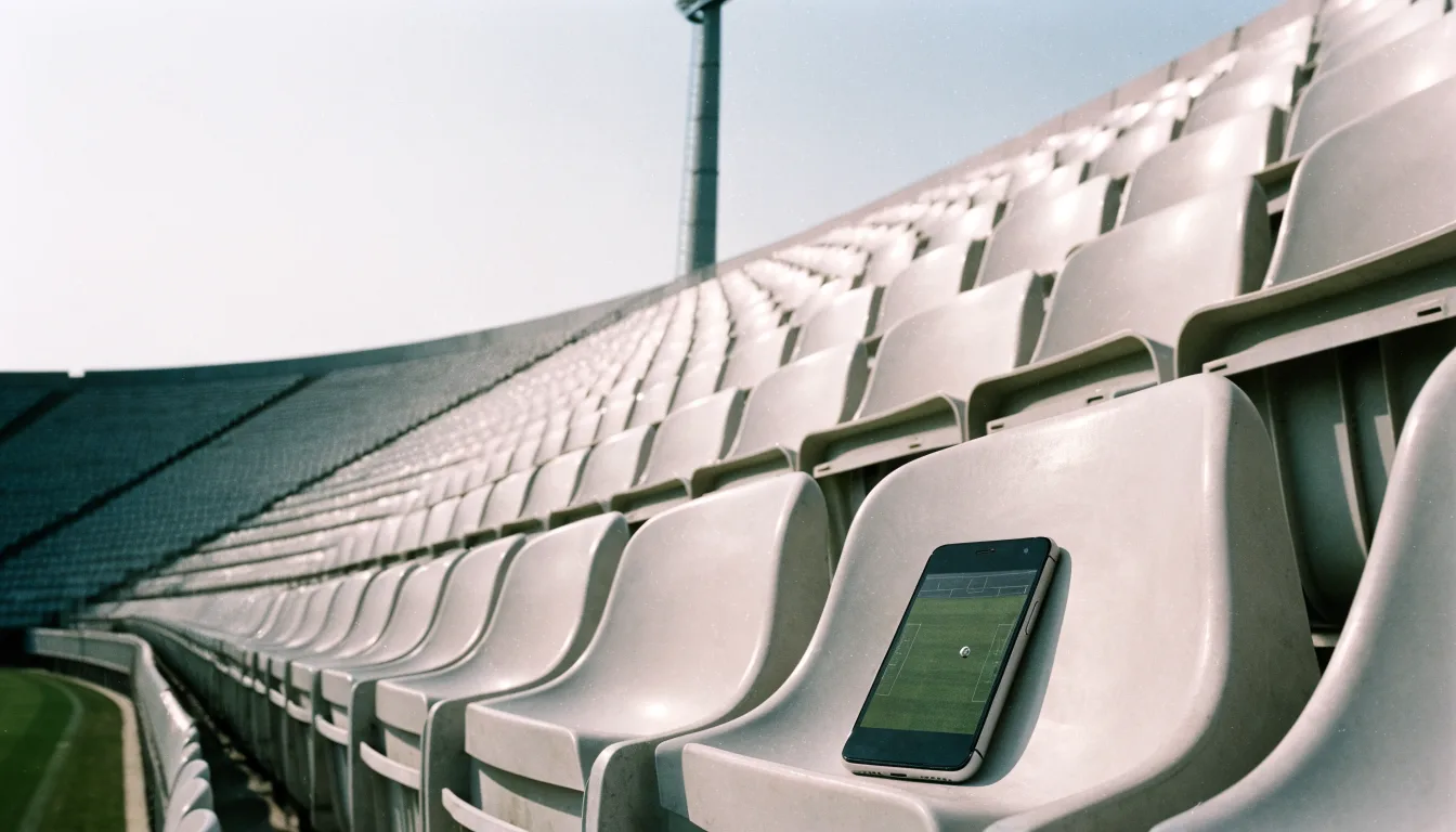 Eine leere Tribüne eines Fußballstadions bei Tageslicht, Sitzschalen in Reihen und dahinter ein Flutlichtmast.