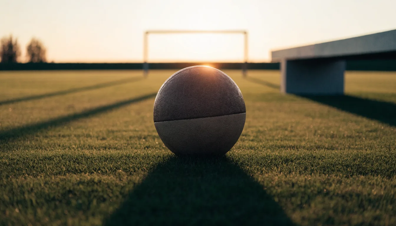 Ein Fußball auf einem Rasenplatz im Gegenlicht der tiefstehenden Sonne, am Rand eine leere Ersatzbank.