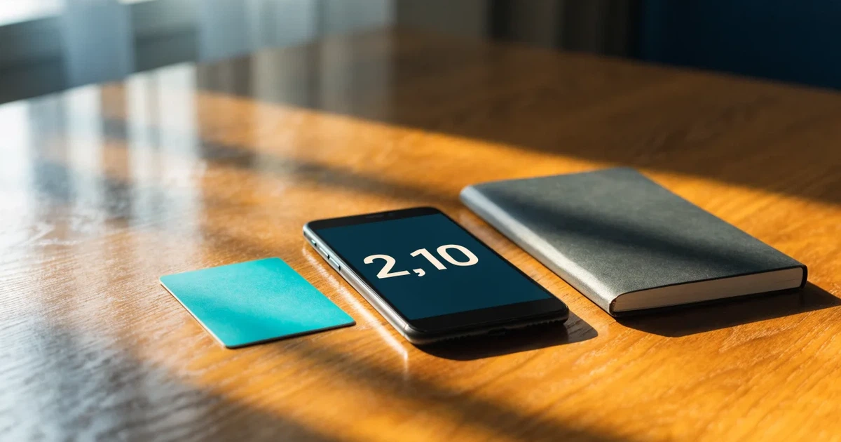 Eine Plastikkarte ohne Aufdruck liegt auf einem Holztisch neben einem Smartphone mit dunklem Bildschirm und einem Notizbuch.