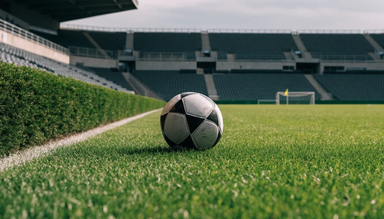 Ein Fußball auf einem Rasen, im Hintergrund ein leeres Stadion bei bewölktem Himmel.