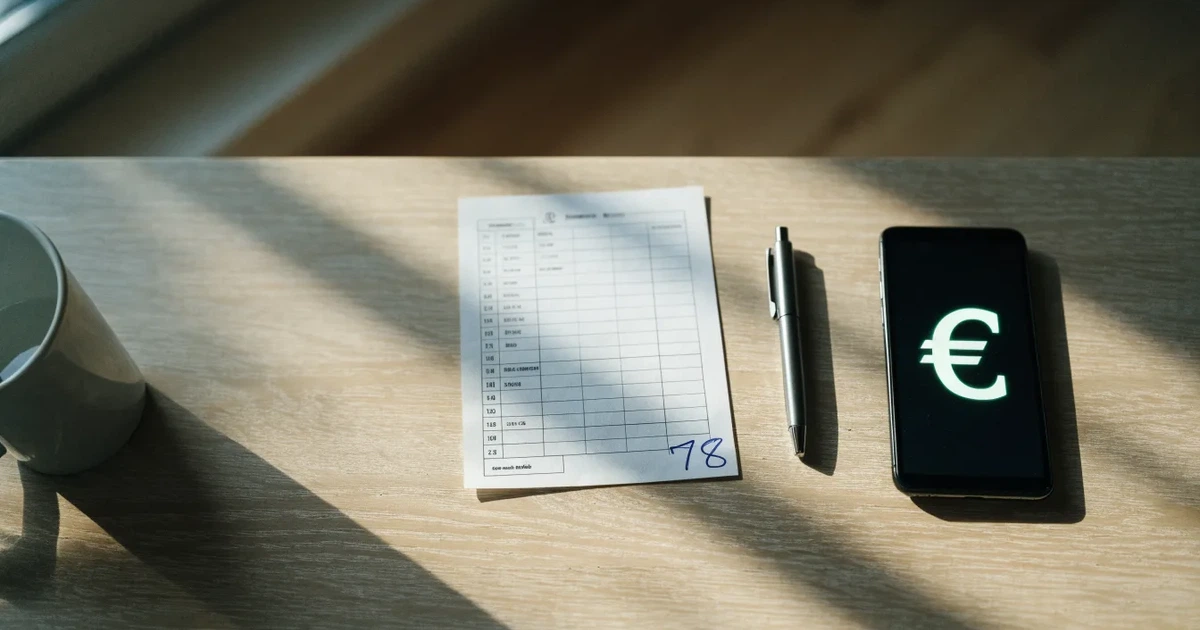 Ein Taschenrechner, ein Stift und ein Smartphone mit dunklem Bildschirm liegen auf einem Küchentisch im Morgenlicht.