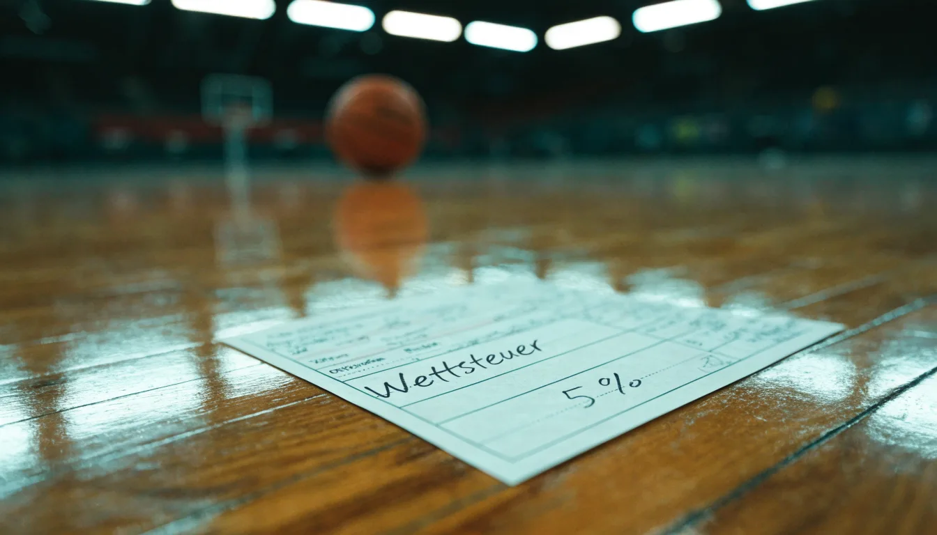 Ein Basketballfeld in einer leeren Halle, das Parkett spiegelt das Deckenlicht.