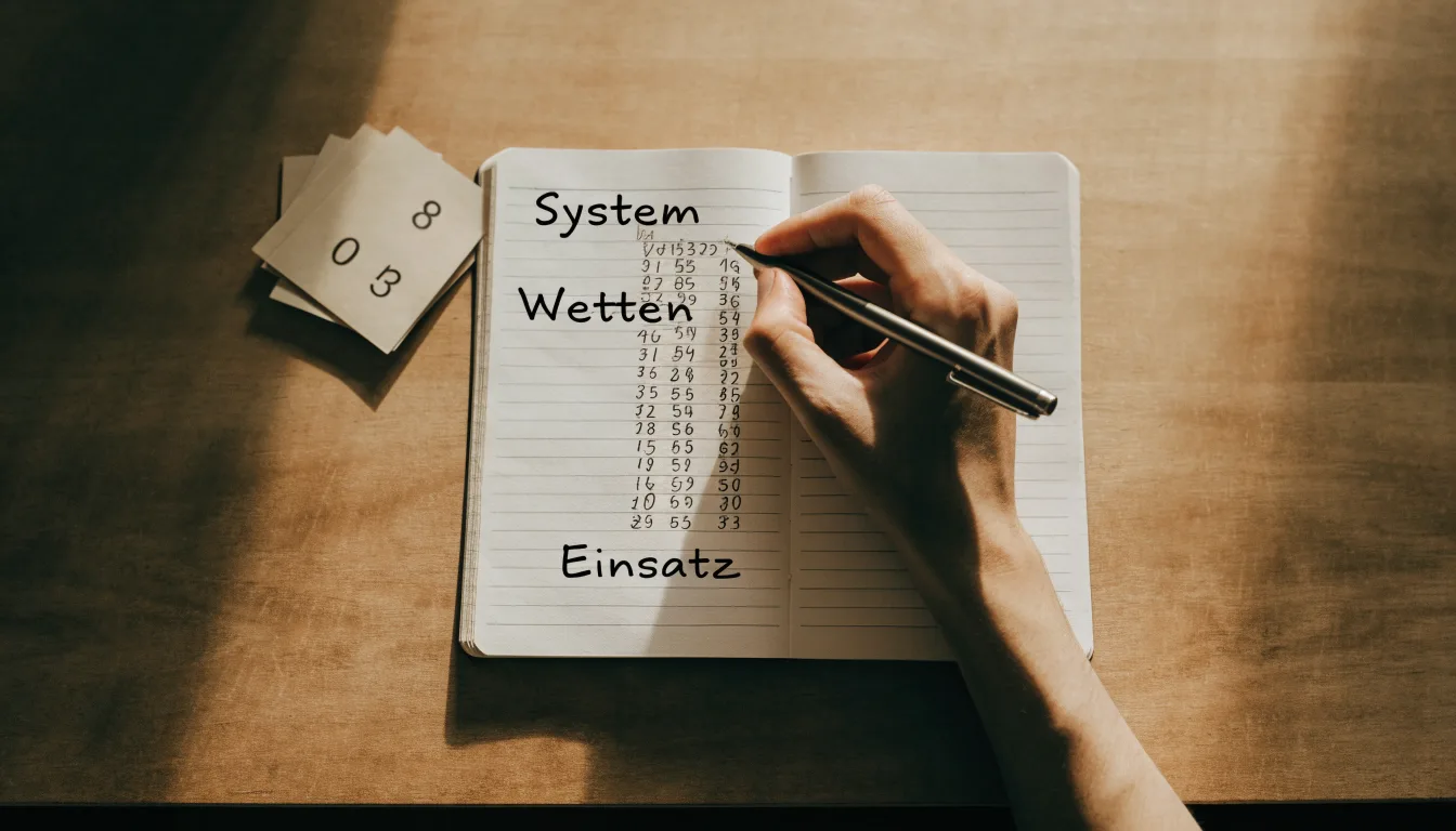 Ein Taschenrechner und ein Notizbuch mit handschriftlichen Zahlenreihen auf einem Schreibtisch neben einem Kugelschreiber.