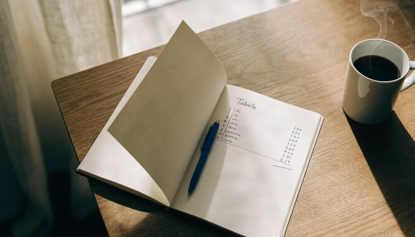 Ein aufgeschlagenes leeres Notizbuch mit Kugelschreiber neben einer Tasse Kaffee auf einem Tisch am Fenster.