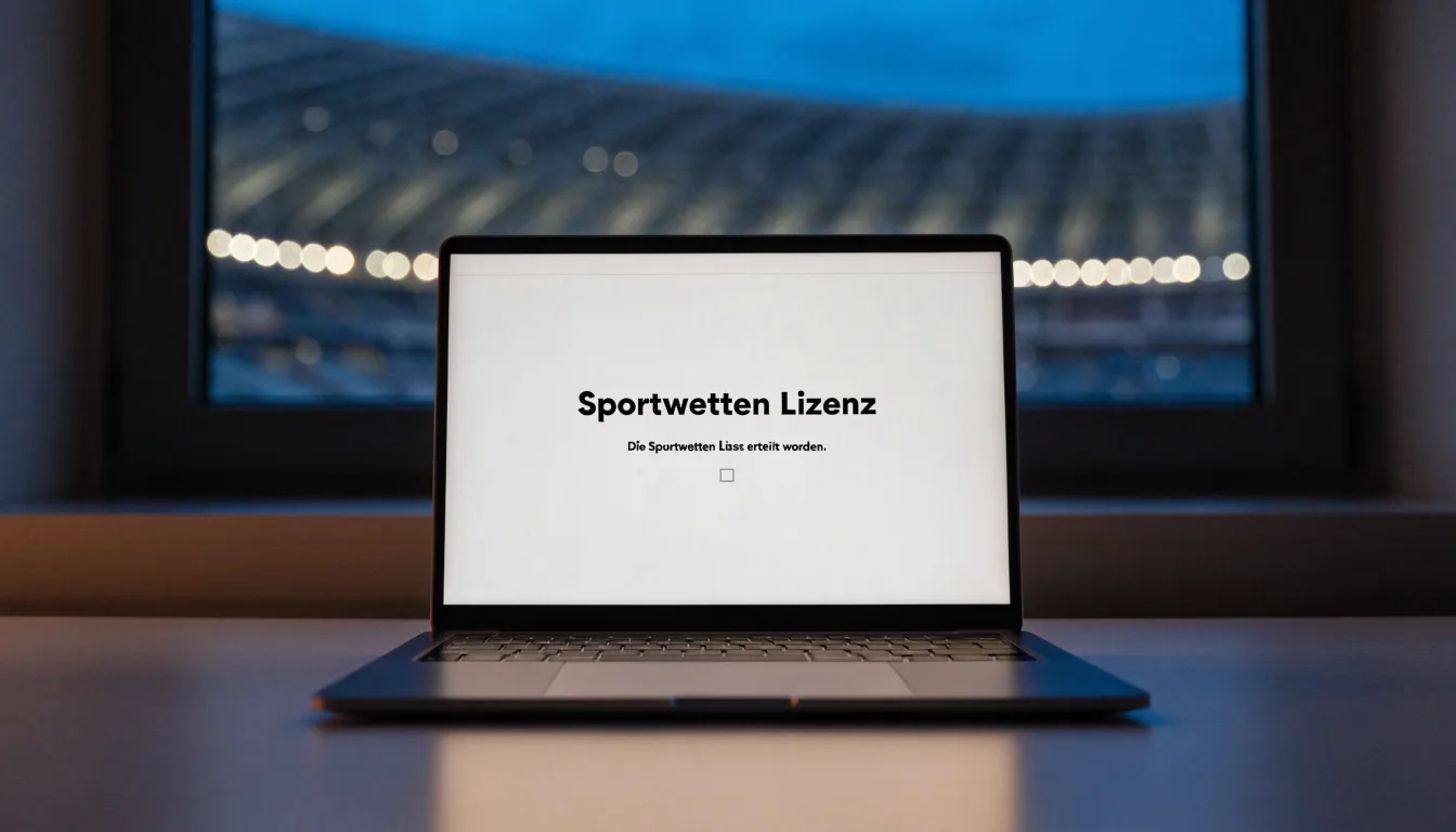 Ein Stadion unter Flutlicht aus der Ferne gesehen, im Vordergrund ein leeres Feld in der Dämmerung.