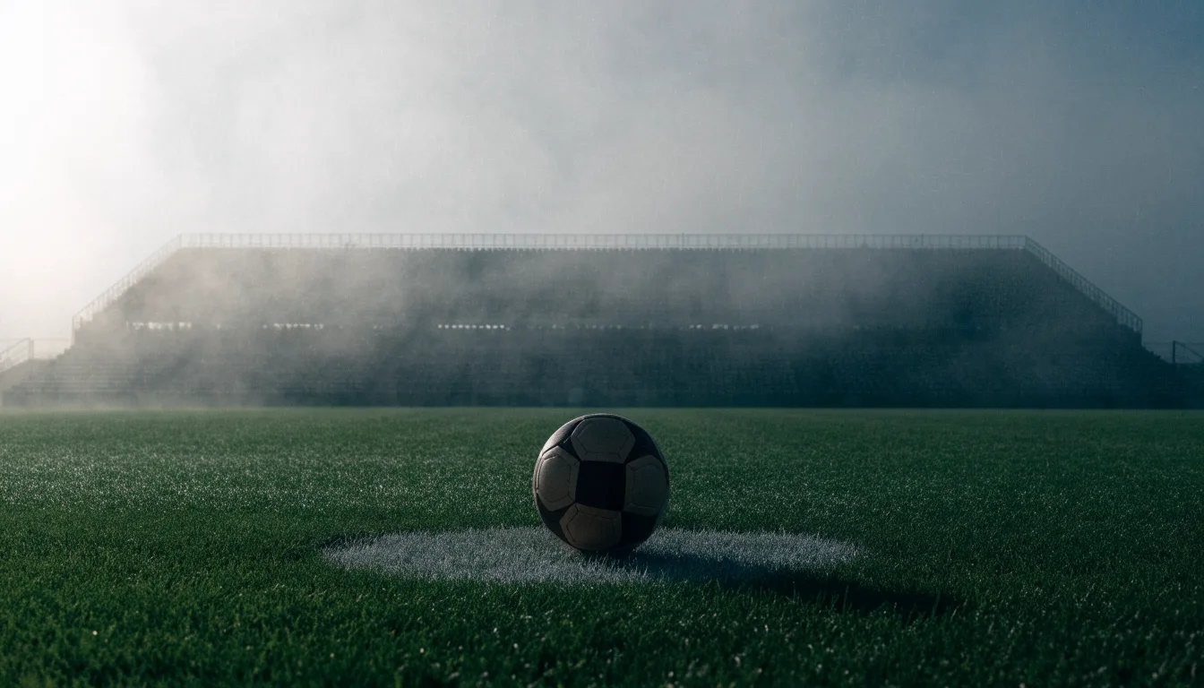 Ein Fußball liegt auf dem Anstoßpunkt eines leeren Rasenplatzes, im Hintergrund hängt Morgendunst über den Tribünen.