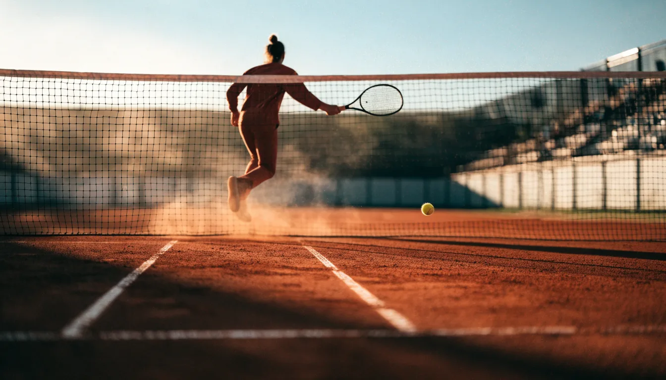 Ein Tennisplatz bei Sonnenaufgang, die Linien noch taufeucht, ein einzelner Ball liegt an der Grundlinie.