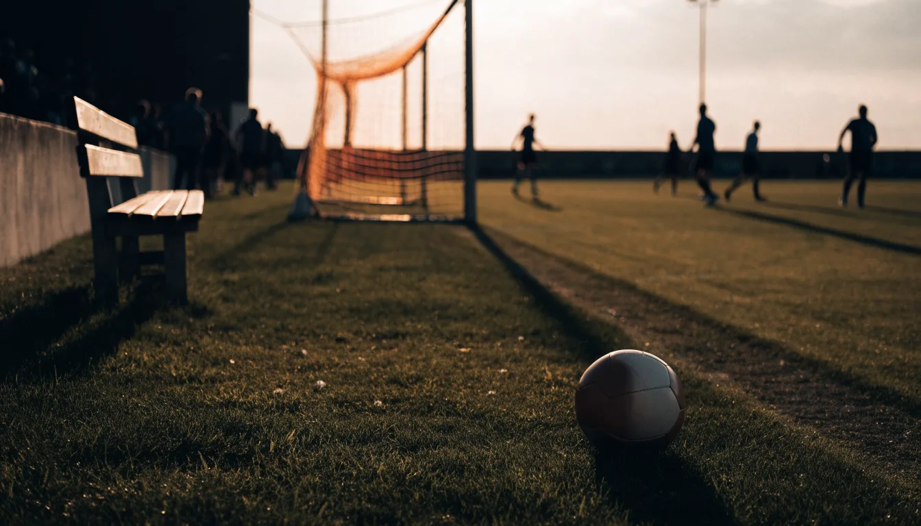 Ein Fußball liegt im Gras am Spielfeldrand, dahinter eine leere Bank und ein Tor im Gegenlicht.