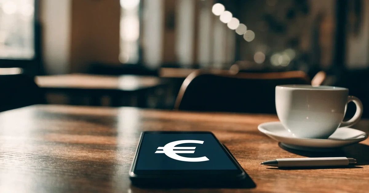 Ein Smartphone liegt mit dunklem Display auf einem Café-Tisch neben einer Tasse Kaffee und einem Kugelschreiber.
