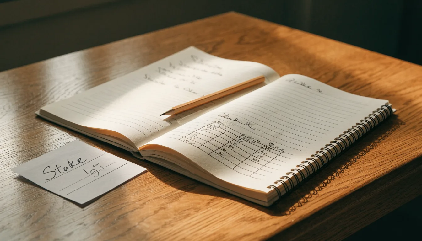 Ein Notizbuch mit handschriftlichen Notizen liegt aufgeschlagen neben einem leeren Papier-Wettschein auf einem Holztisch.