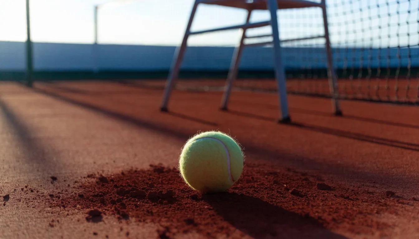 Ein Tennisball liegt auf einem roten Sandplatz bei Sonnenaufgang, im Hintergrund ein leerer Schiedsrichterstuhl.