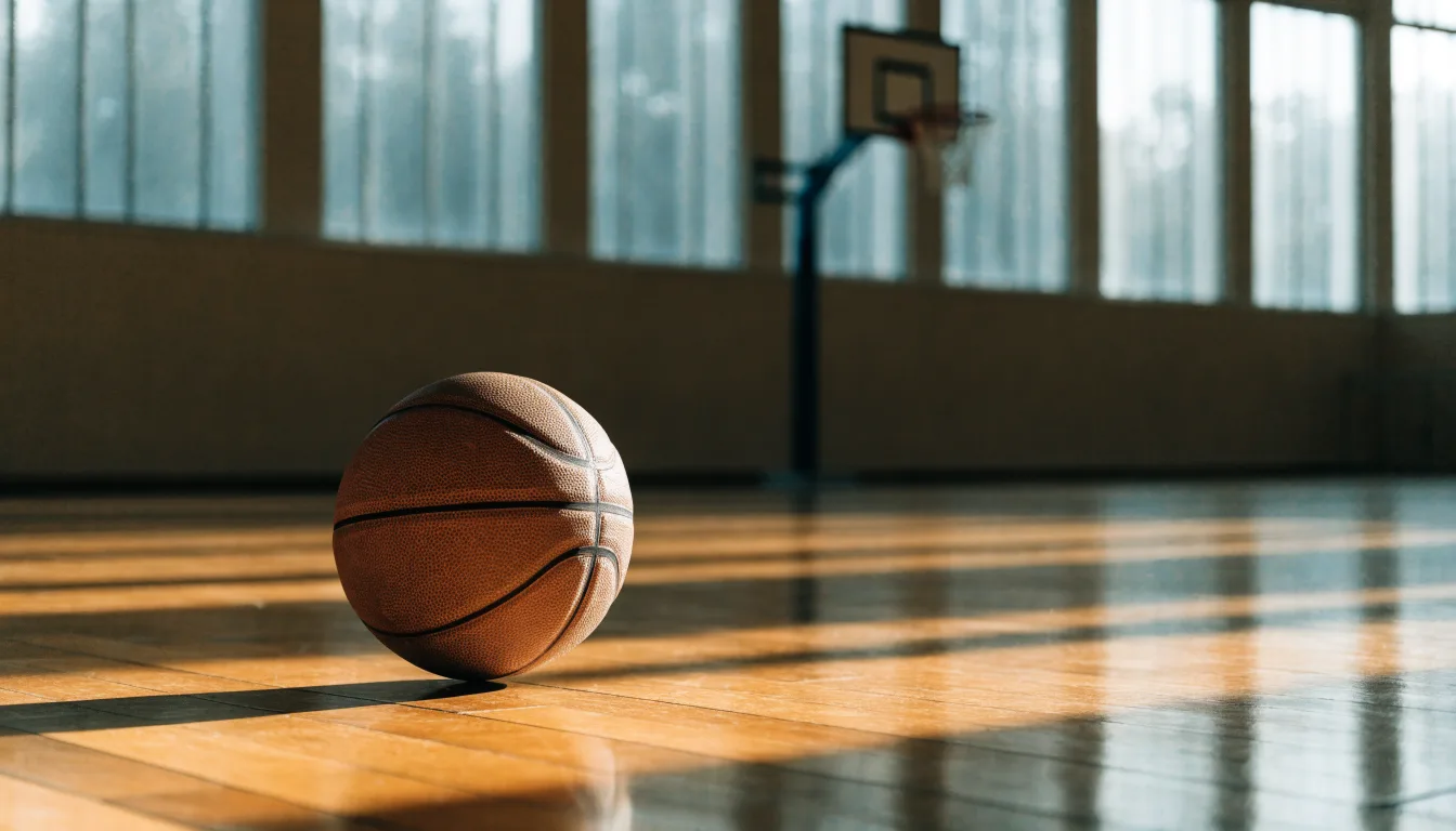Ein Basketball liegt auf dem Parkett einer leeren Halle, Licht fällt durch hohe Fenster.
