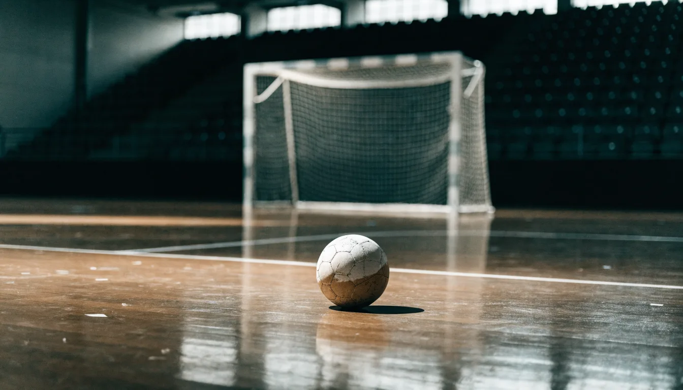 Ein Handball liegt in einer leeren Halle auf dem Boden vor dem Tor.