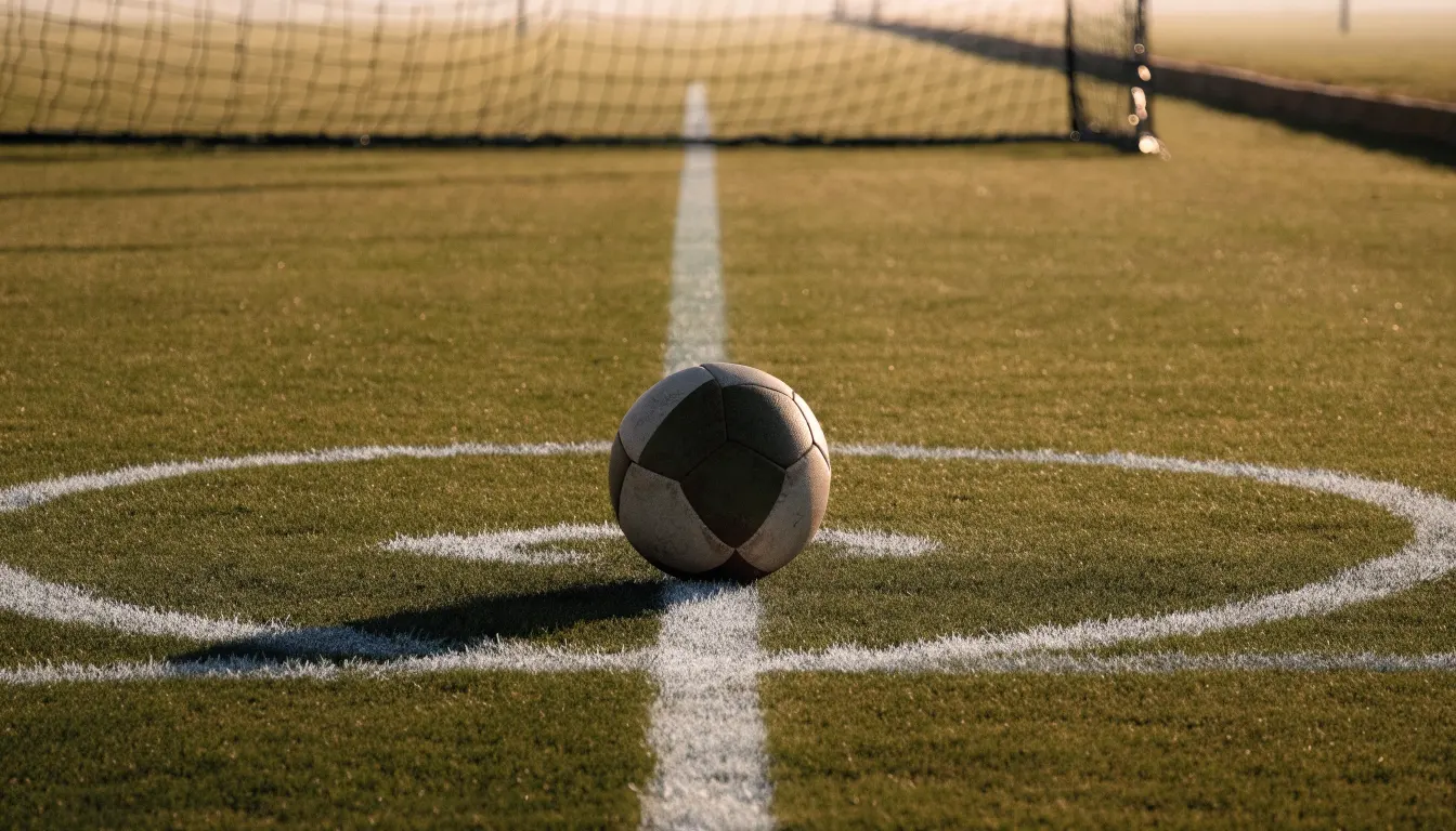 Ein Fußball liegt auf dem Anstoßkreis eines leeren Rasenplatzes im frühen Morgenlicht.