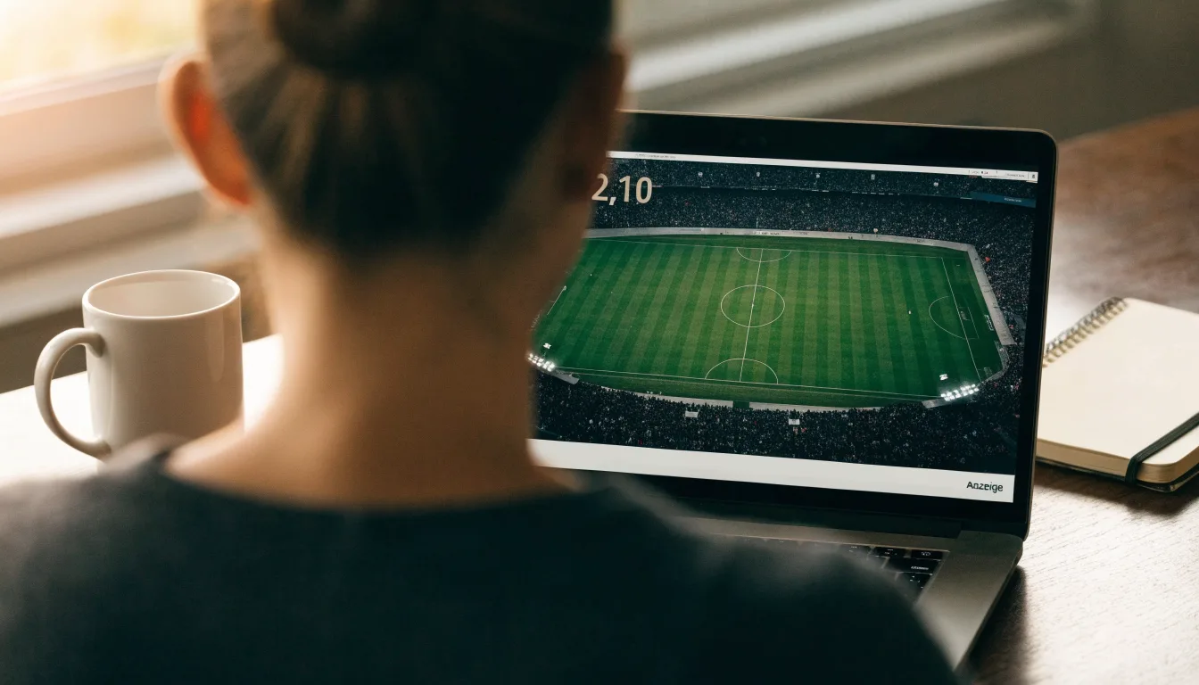 Ein Stadion unter Flutlicht aus großer Entfernung, davor die Silhouetten von Bäumen im Abendhimmel.