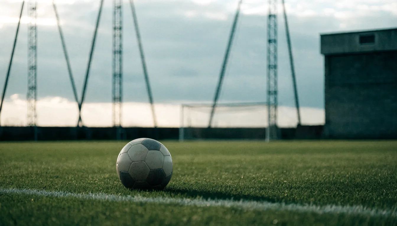 Ein Fußball auf einem Rasenplatz, im Hintergrund Flutlichtmasten und ein bewölkter Himmel.
