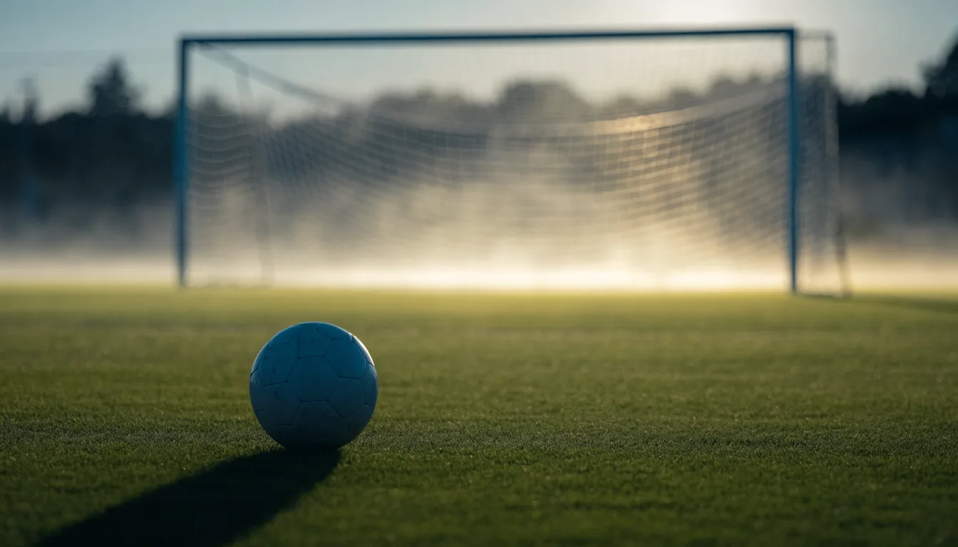 Ein Fußball auf dem Rasen vor einem leeren Tor im frühen Morgenlicht.