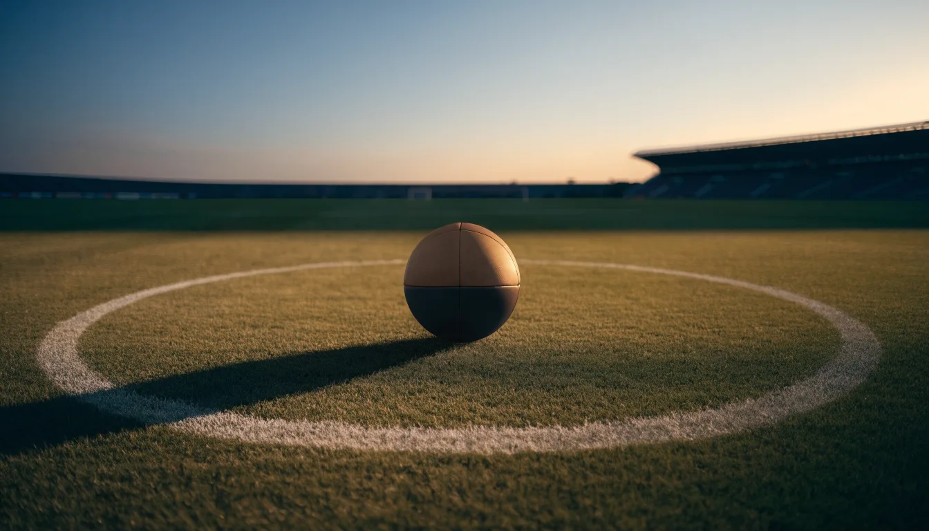 Ein Fußball liegt in der Mitte eines leeren Rasenplatzes, am Horizont färbt sich der Himmel orange.