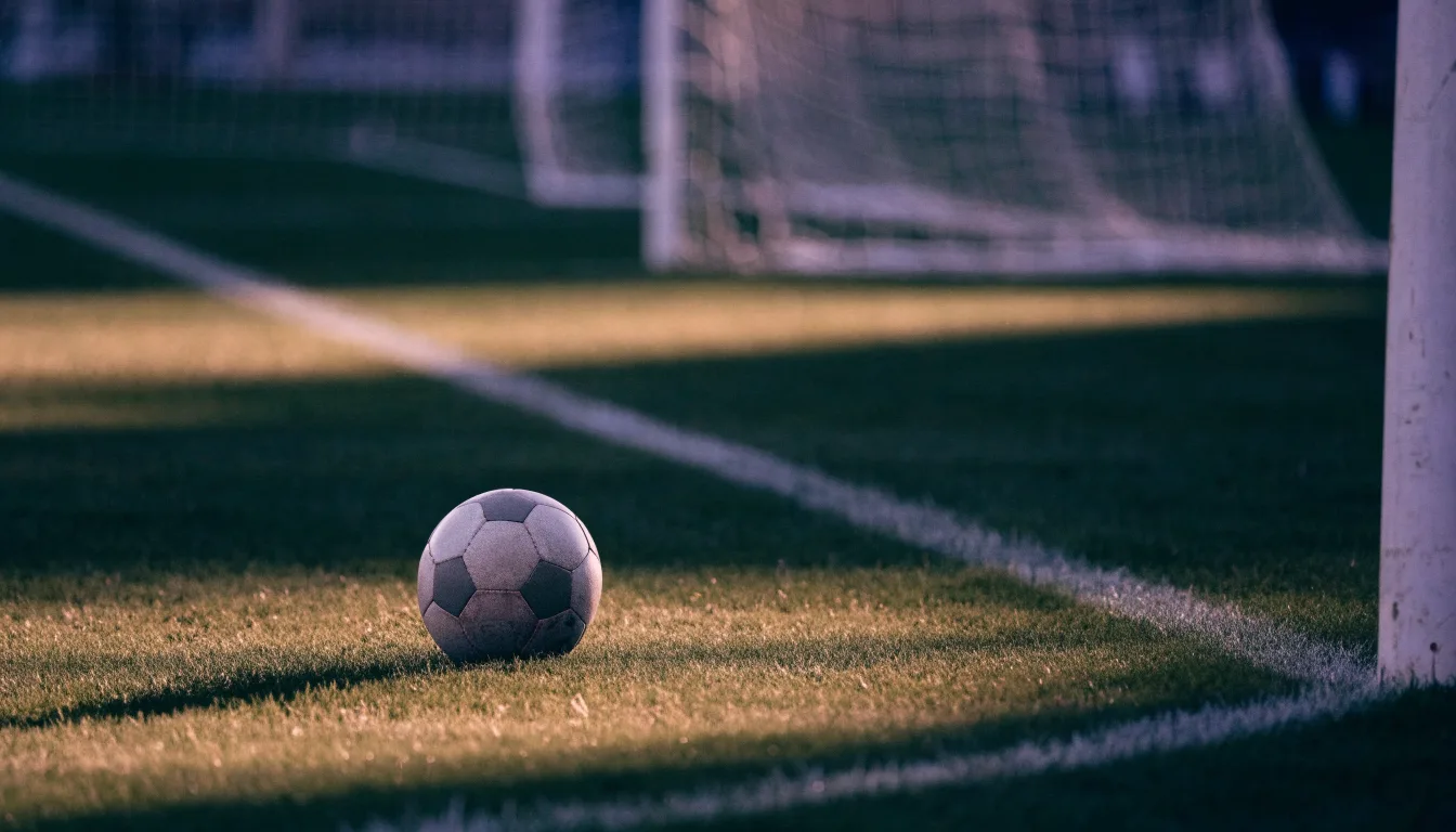 Ein Fußball liegt im Strafraum eines leeren Platzes, dahinter die Netze des Tores im Abendlicht.