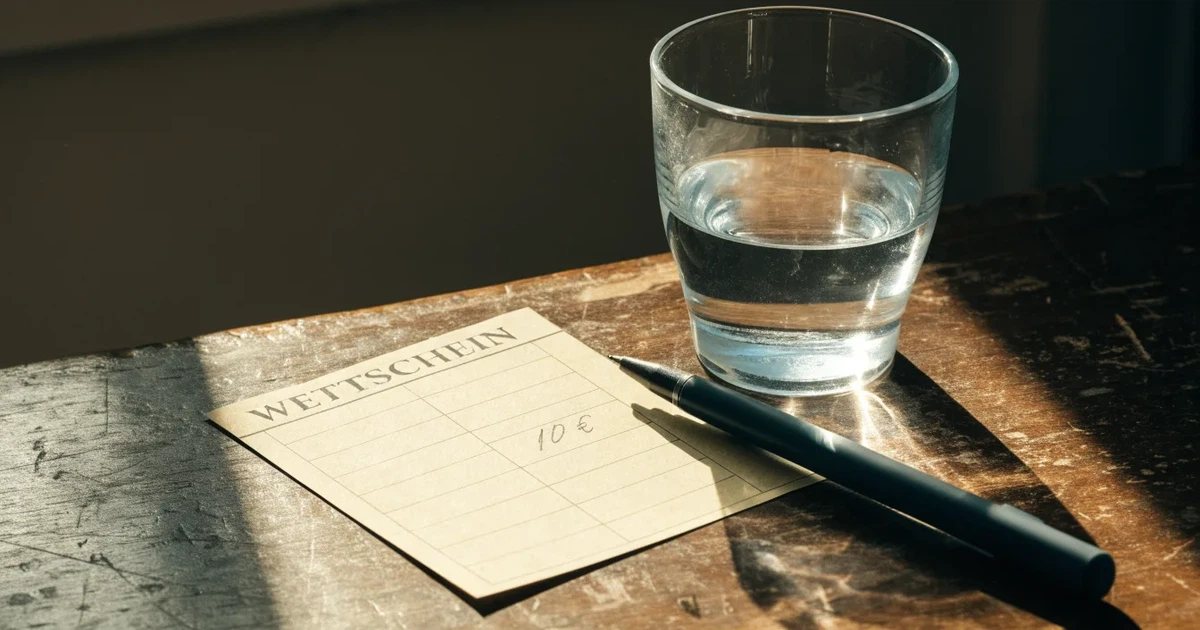 Ein leerer Papier-Wettschein liegt zusammen mit einem Kugelschreiber auf einem Tisch, daneben ein Glas Wasser.