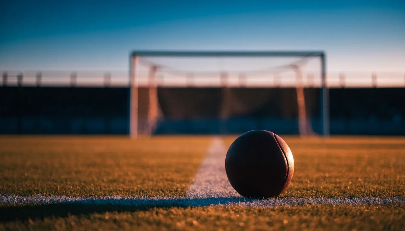 Ein Fußball liegt auf dem Elfmeterpunkt eines leeren Platzes im Abendlicht.