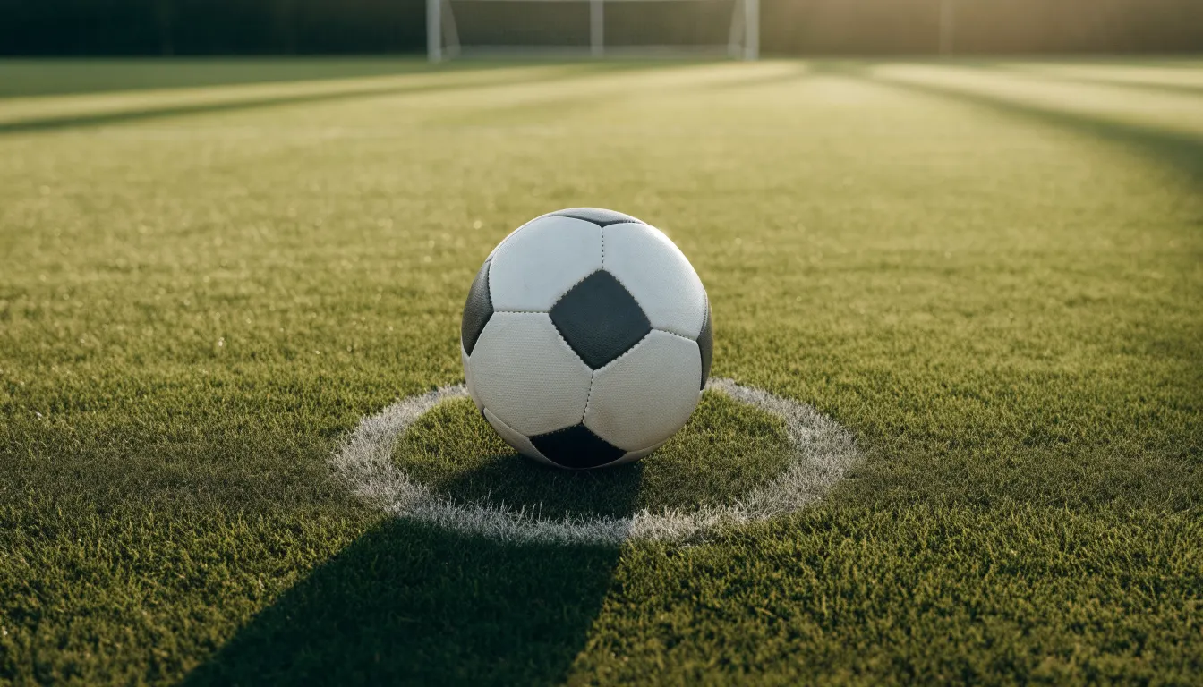 Ein Fußball auf dem Mittelkreis eines leeren Rasenplatzes im frühen Morgenlicht.