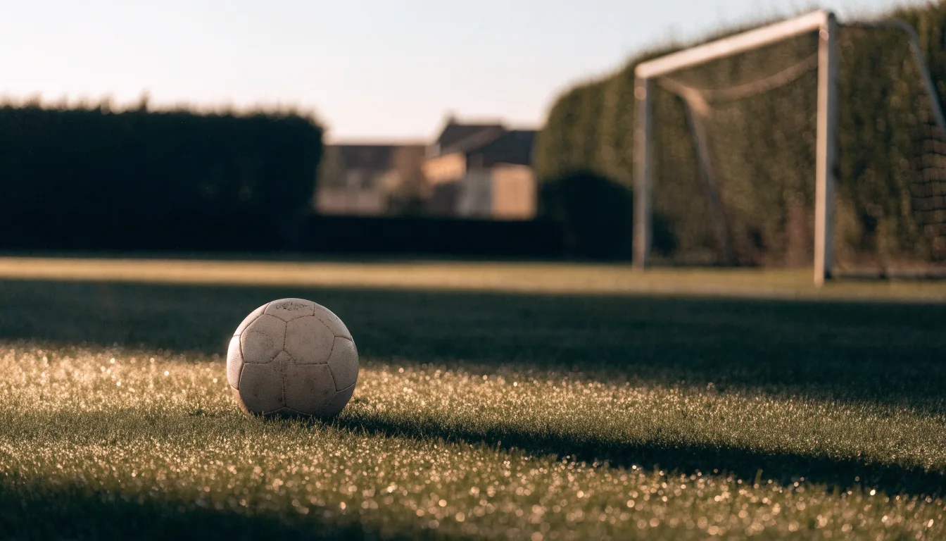 Ein Fußball auf dem Rasen eines leeren Sportplatzes am Rand einer Kleinstadt im Morgenlicht.