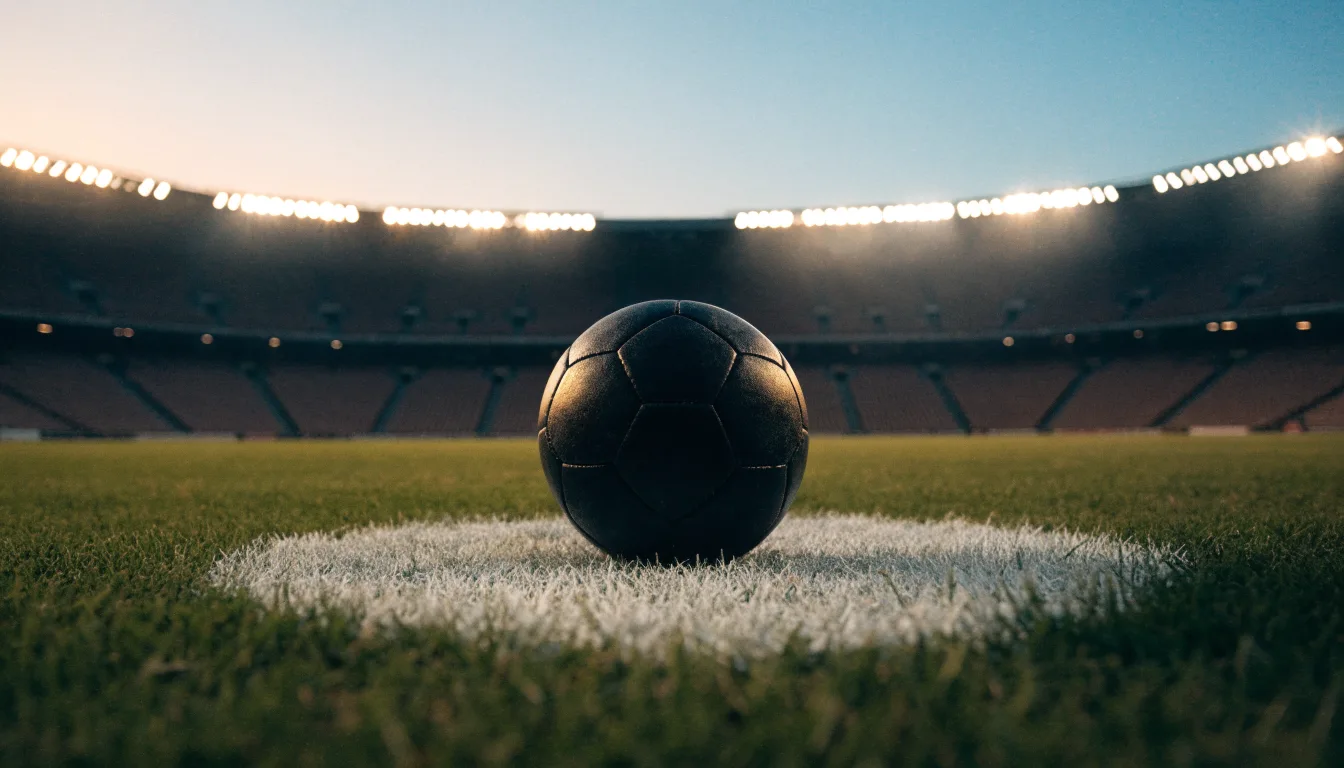 Ein Fußball liegt auf dem Anstoßpunkt eines leeren Rasenplatzes, im Hintergrund ein Stadion unter Flutlicht in der Abenddämmerung.