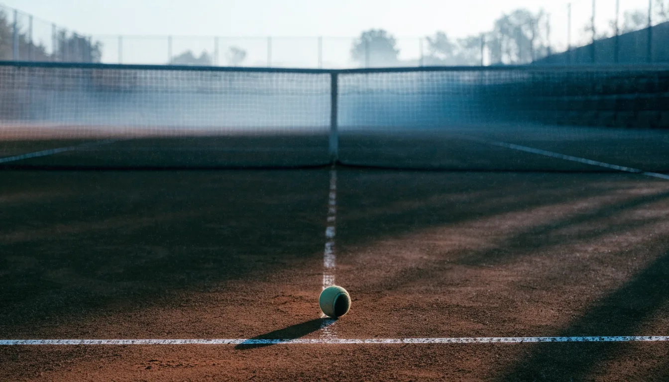 Ein Tennisplatz im Morgengrauen, das Netz und die Linien liegen im Tau, im Hintergrund leichter Nebel und kein Mensch zu sehen.