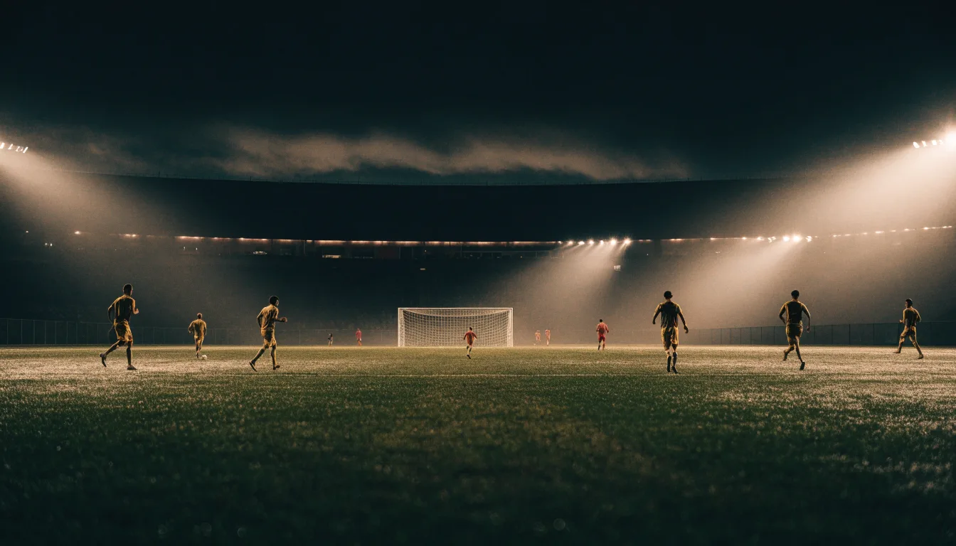 Ein Stadion unter Flutlicht, aus großer Entfernung über eine dunkle Wiese fotografiert, am Himmel zieht Nebel auf.